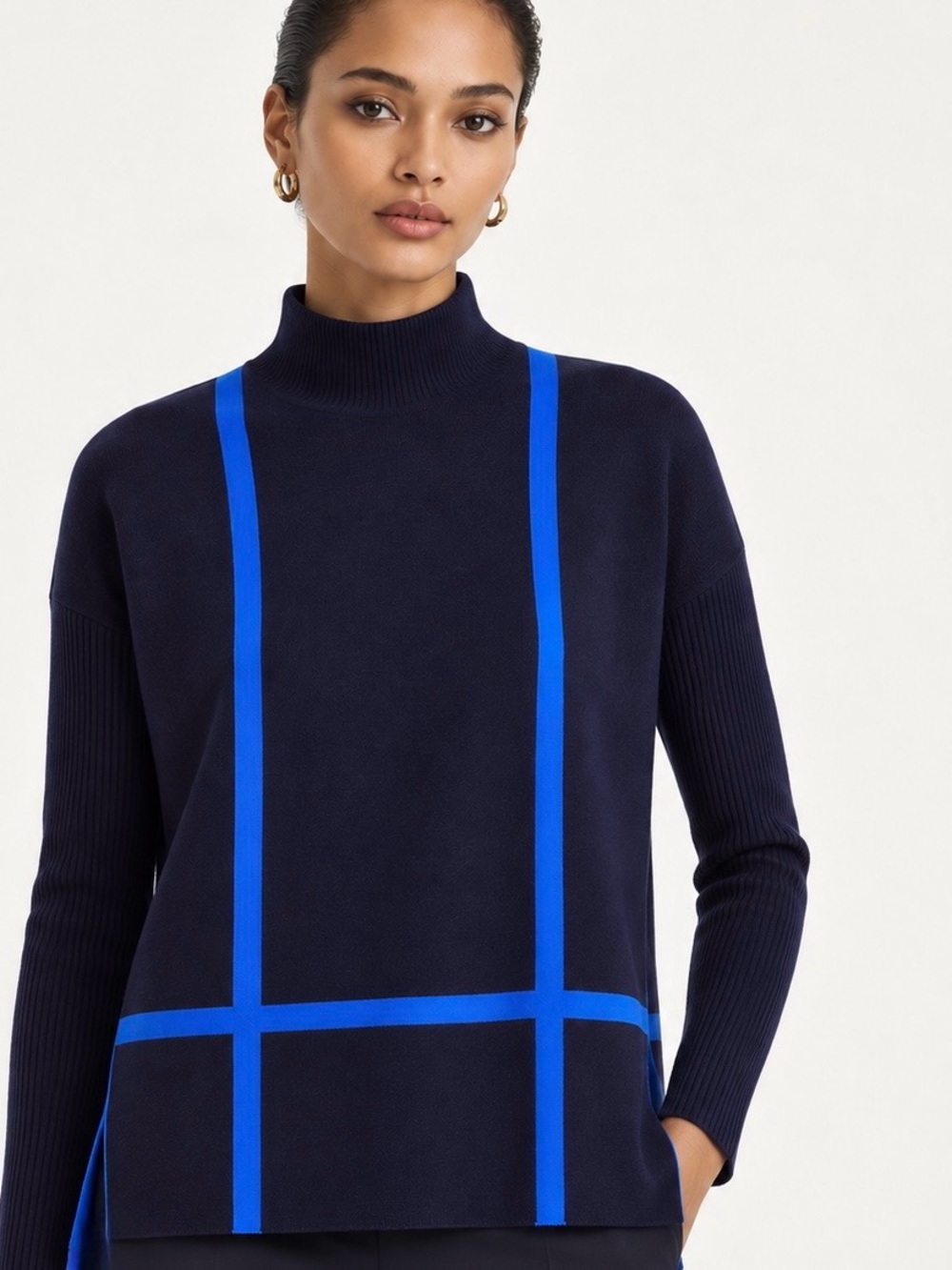 St.John Navy Royal Blue Windowpane Mock Neck Wool Cashmere Sweater S Luxury